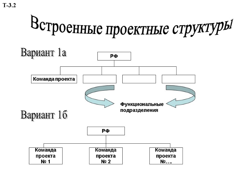 Встроенные проектные структуры Вариант 1а Вариант 1б РФ Команда проекта Функциональные подразделения РФ Команда